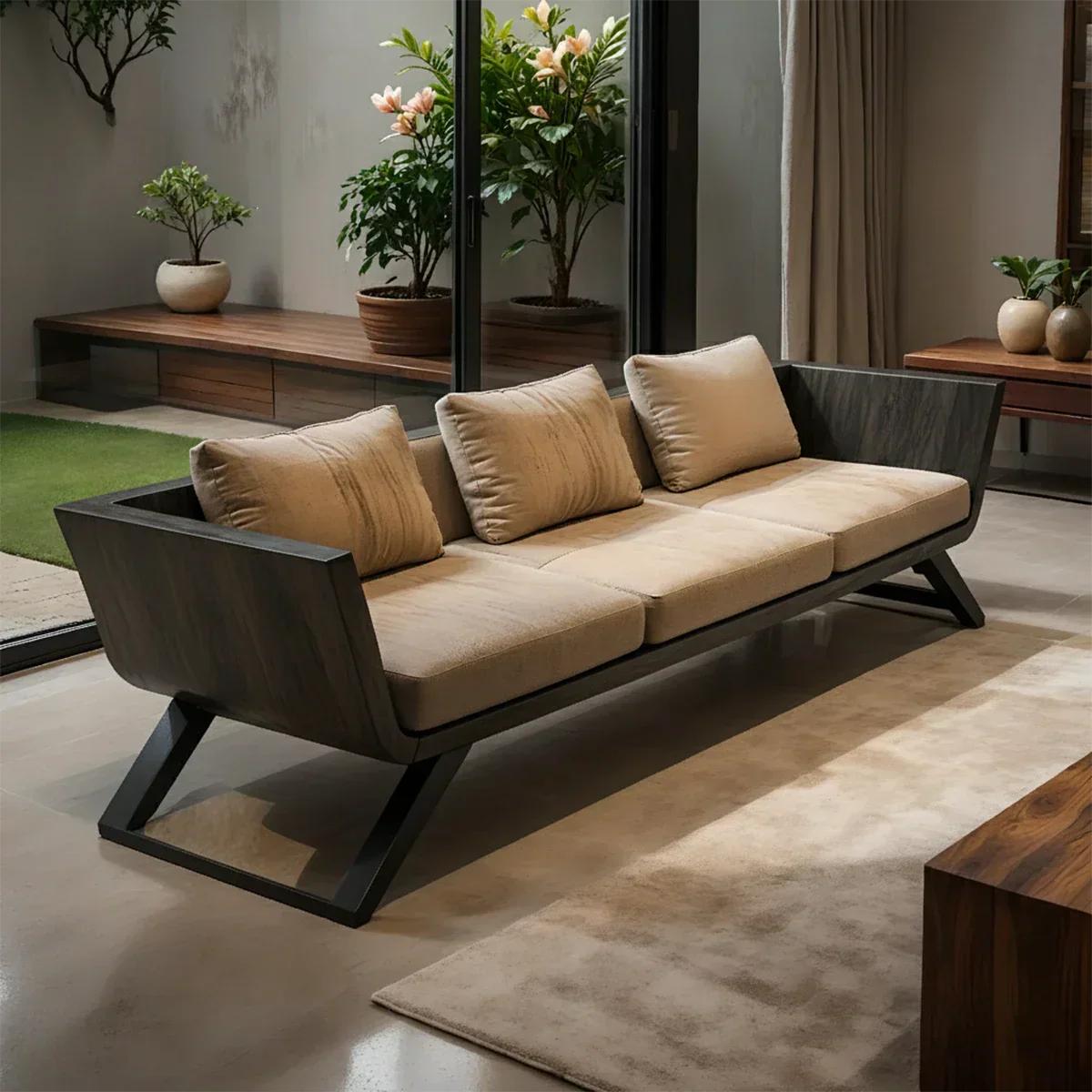 Handcrafted Solid Wood Cotton Sofa – Modern Minimalist Comfort - Rustirawood