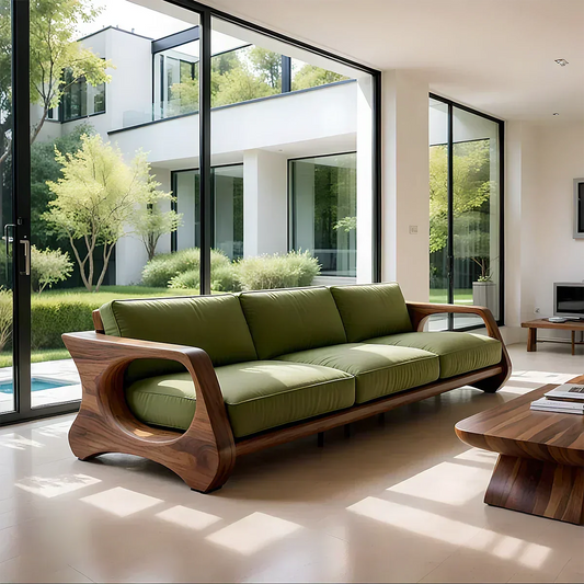 Handcrafted Solid Wood Cotton Sofa – Rustic Green Modern Design - Woodenecho