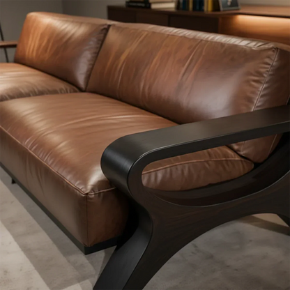 Handcrafted Solid Wood Leather Sofa – Modern Rustic Elegance - Rustirawood