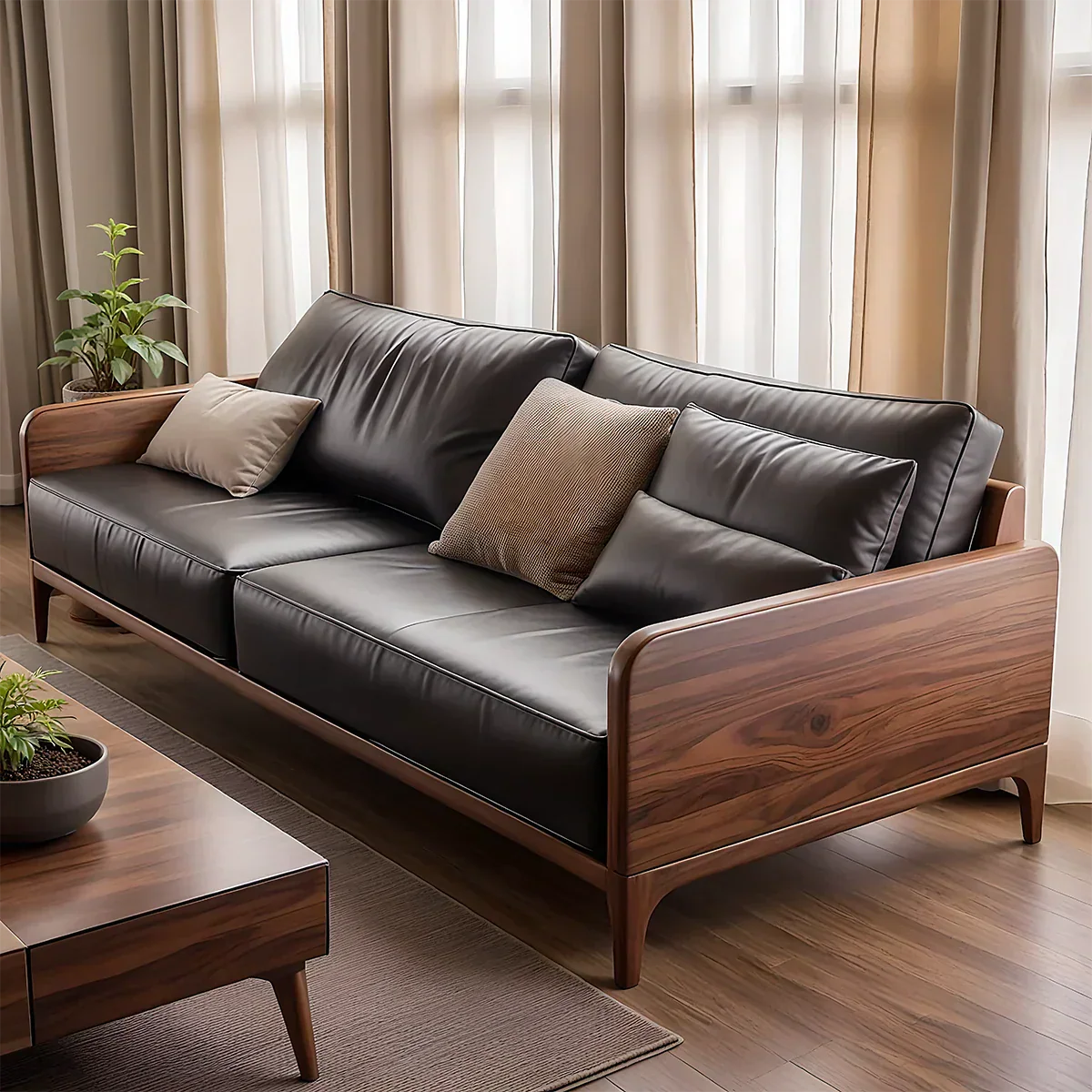 Handcrafted Solid Wood Leather Sofa – Premium Modern Design - Rustirawood