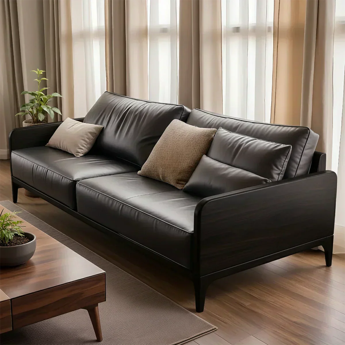 Handcrafted Solid Wood Leather Sofa – Premium Modern Design - Woodenecho