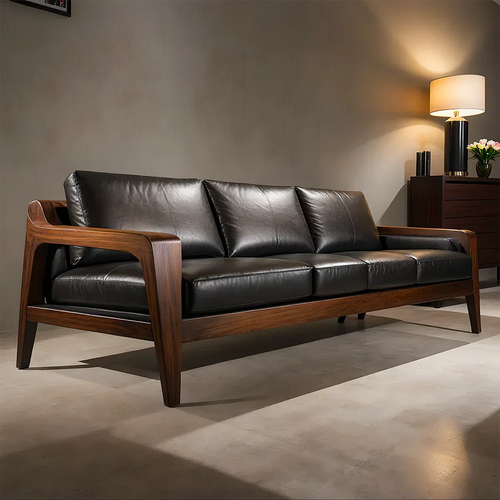 Handcrafted Solid Wood Leather Sofa – Premium Modern Elegance - Rustirawood