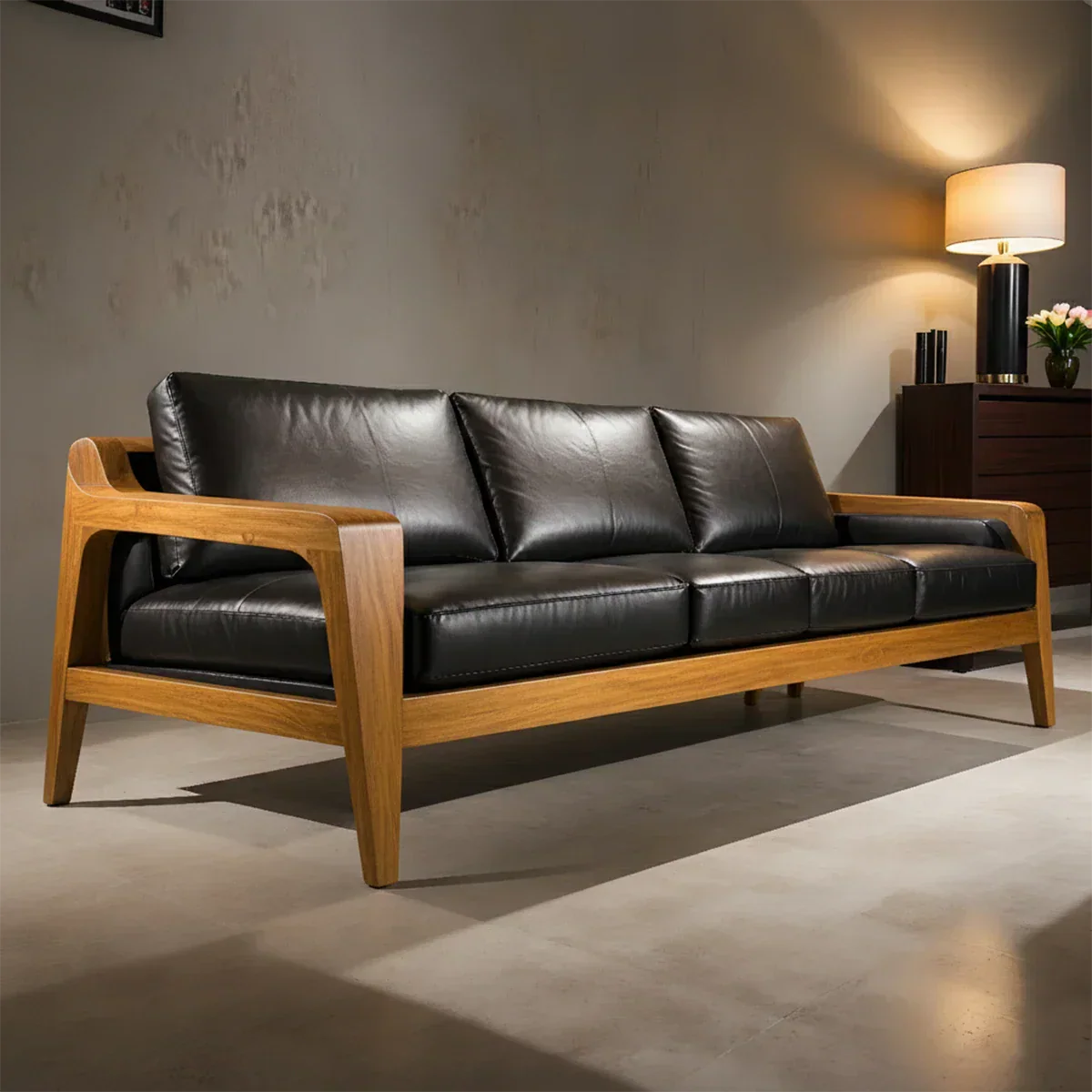 Handcrafted Solid Wood Leather Sofa – Premium Modern Elegance - Rustirawood