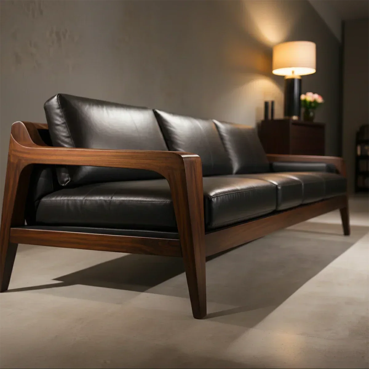 Handcrafted Solid Wood Leather Sofa – Premium Modern Elegance - Rustirawood