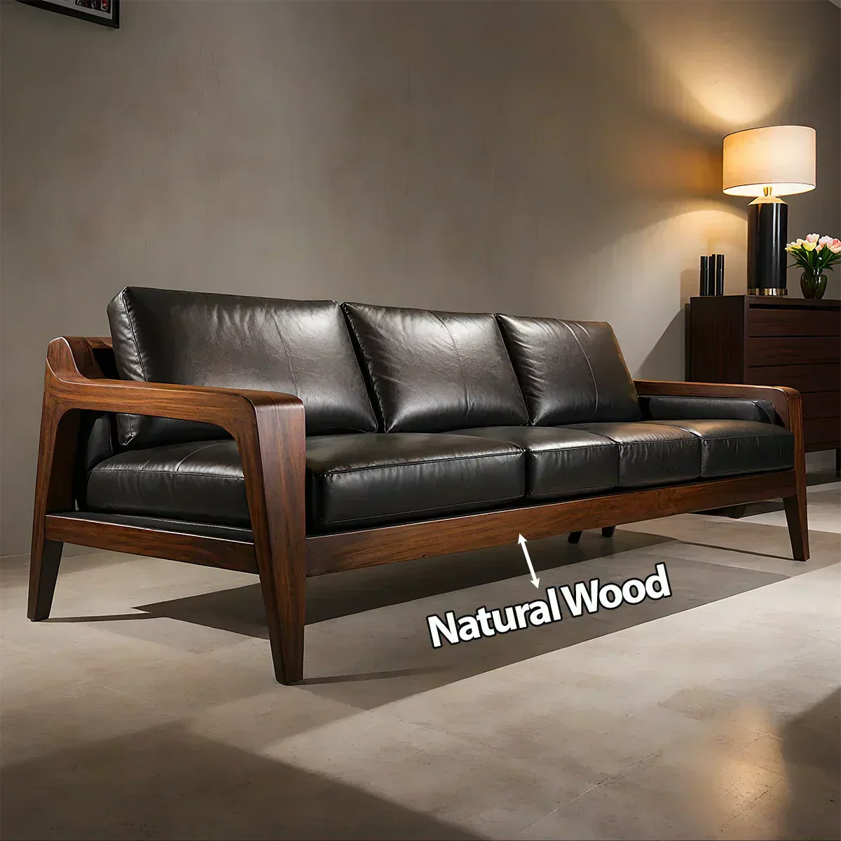 Handcrafted Solid Wood Leather Sofa – Premium Modern Elegance - Woodenecho