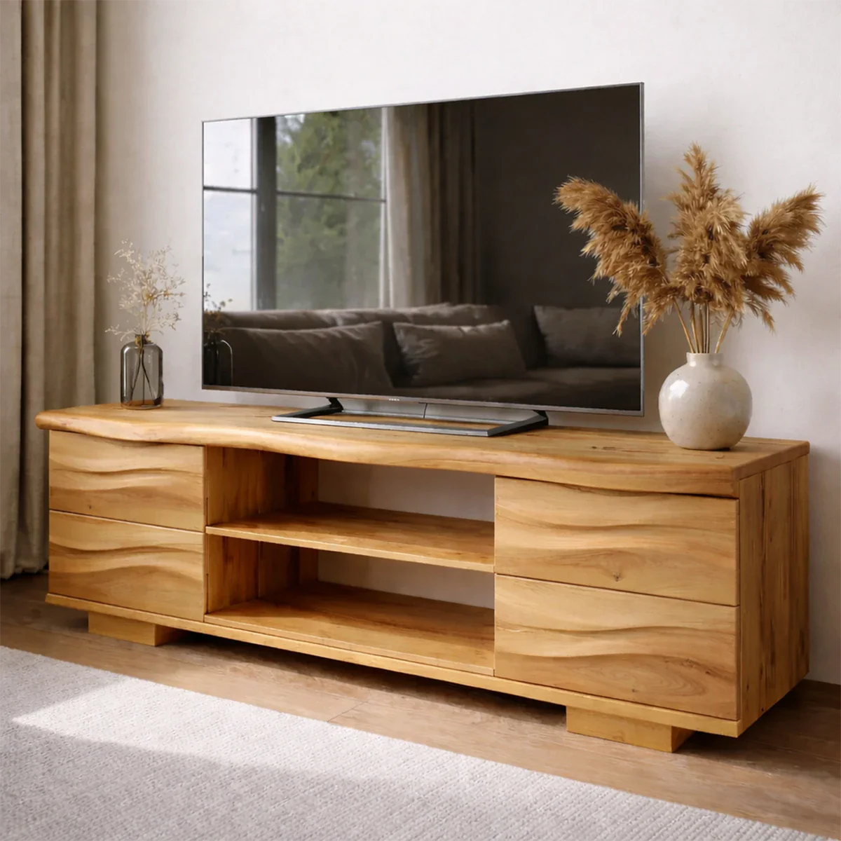 Handcrafted Solid Wood TV Stand with Double Drawer Storage and Open Center Shelves - Rustirawood