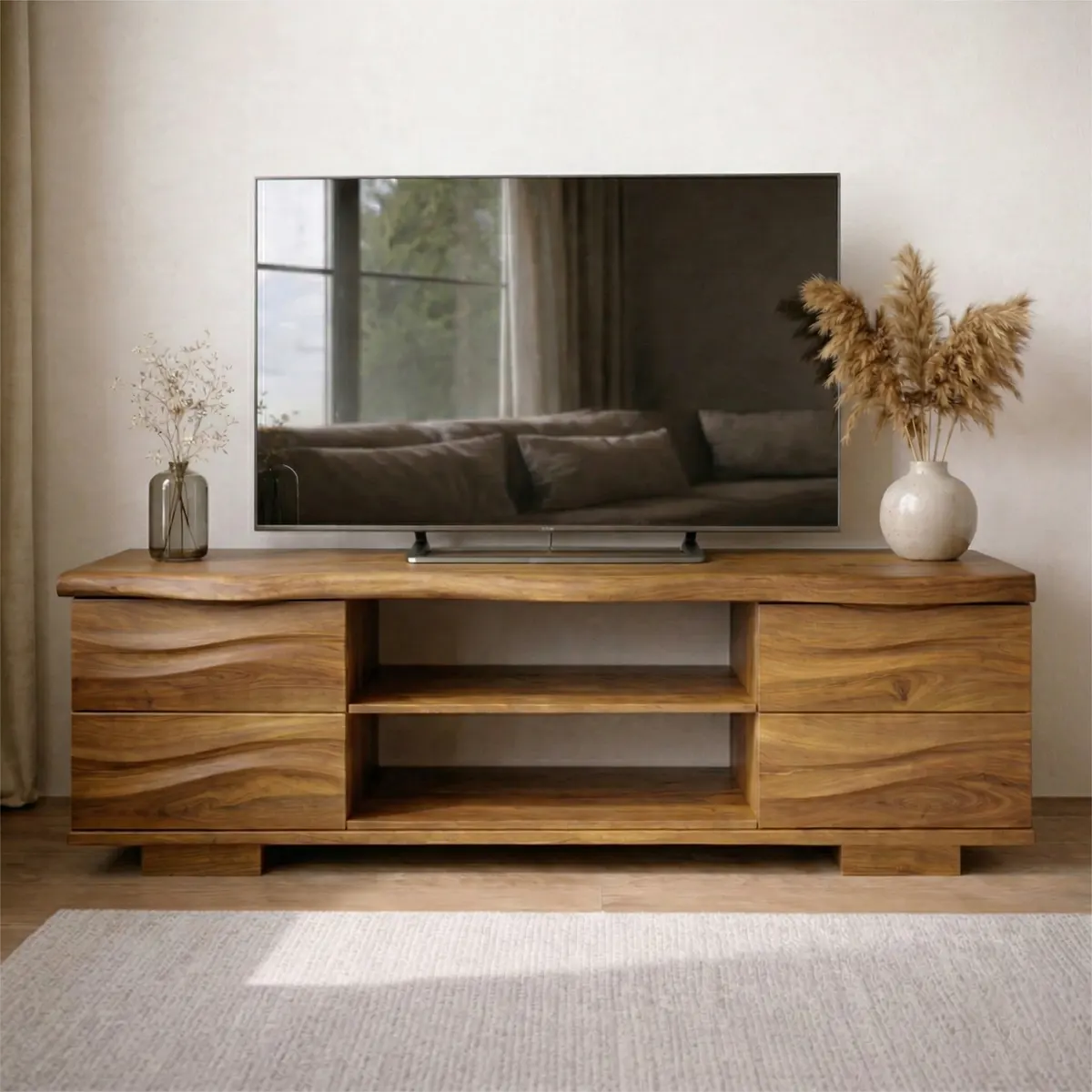 Handcrafted Solid Wood TV Stand with Double Drawer Storage and Open Center Shelves - Rustirawood