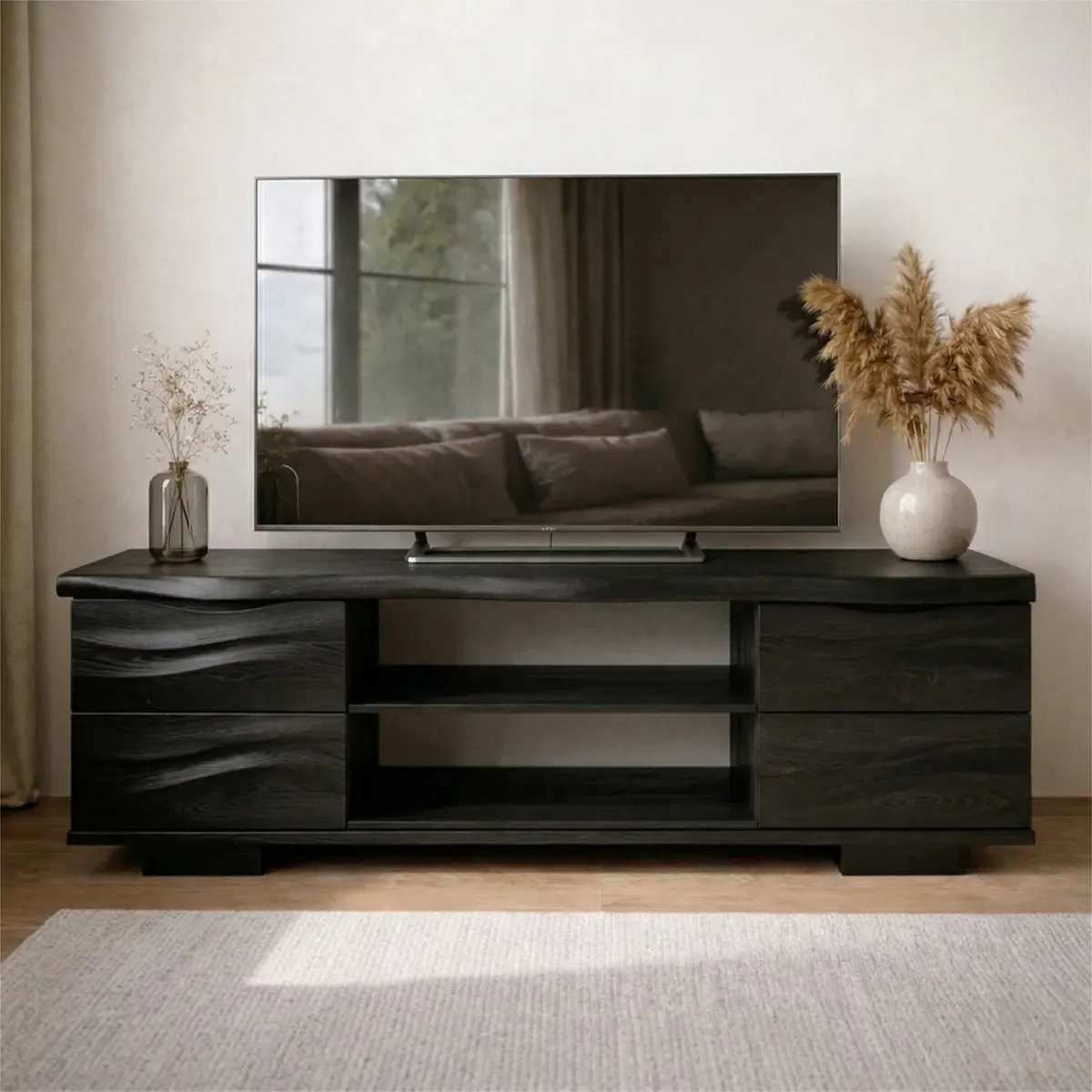 Handcrafted Solid Wood TV Stand with Double Drawer Storage and Open Center Shelves - Rustirawood