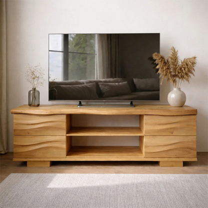 Handcrafted Solid Wood TV Stand with Double Drawer Storage and Open Center Shelves - Rustirawood
