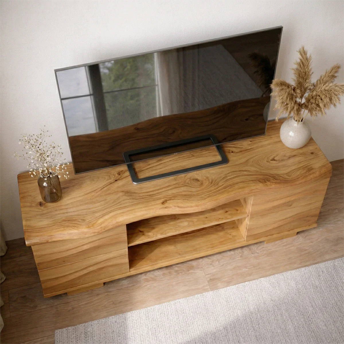 Handcrafted Solid Wood TV Stand with Double Drawer Storage and Open Center Shelves - Rustirawood