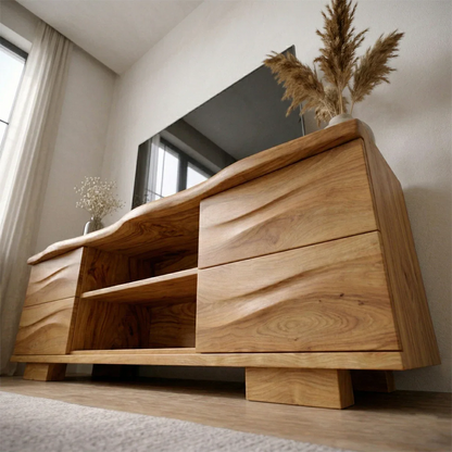 Handcrafted Solid Wood TV Stand with Double Drawer Storage and Open Center Shelves - Rustirawood