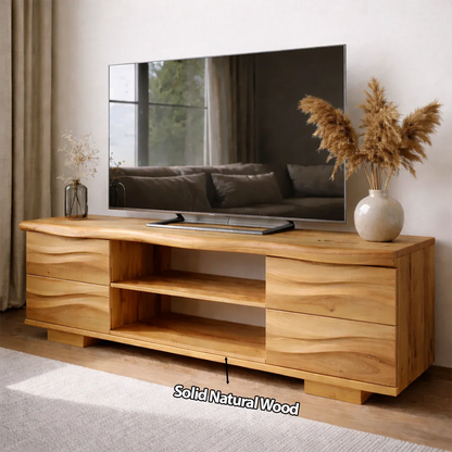 Handcrafted Solid Wood TV Stand with Double Drawer Storage and Open Center Shelves - Rustirawood