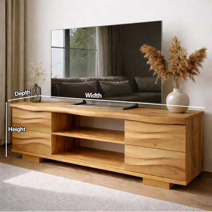 Handcrafted Solid Wood TV Stand with Double Drawer Storage and Open Center Shelves - Woodenecho