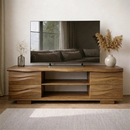 Handcrafted Solid Wood TV Stand with Double Drawer Storage and Open Center Shelves - Woodenecho
