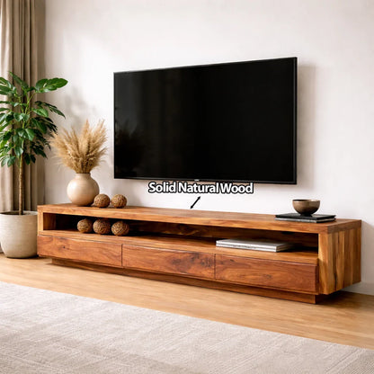 Handcrafted Solid Wood TV Stand with Full-Length Open Shelf and Hidden Drawer Storage - Rustirawood