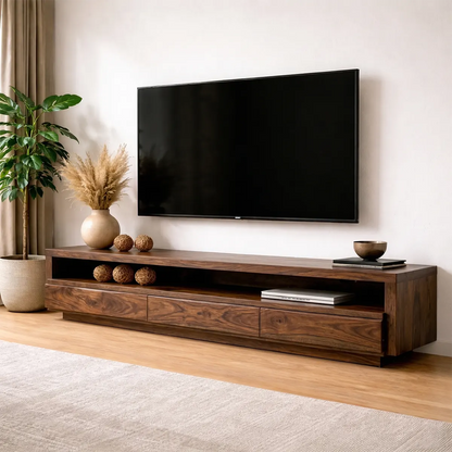 Handcrafted Solid Wood TV Stand with Full-Length Open Shelf and Hidden Drawer Storage - Rustirawood