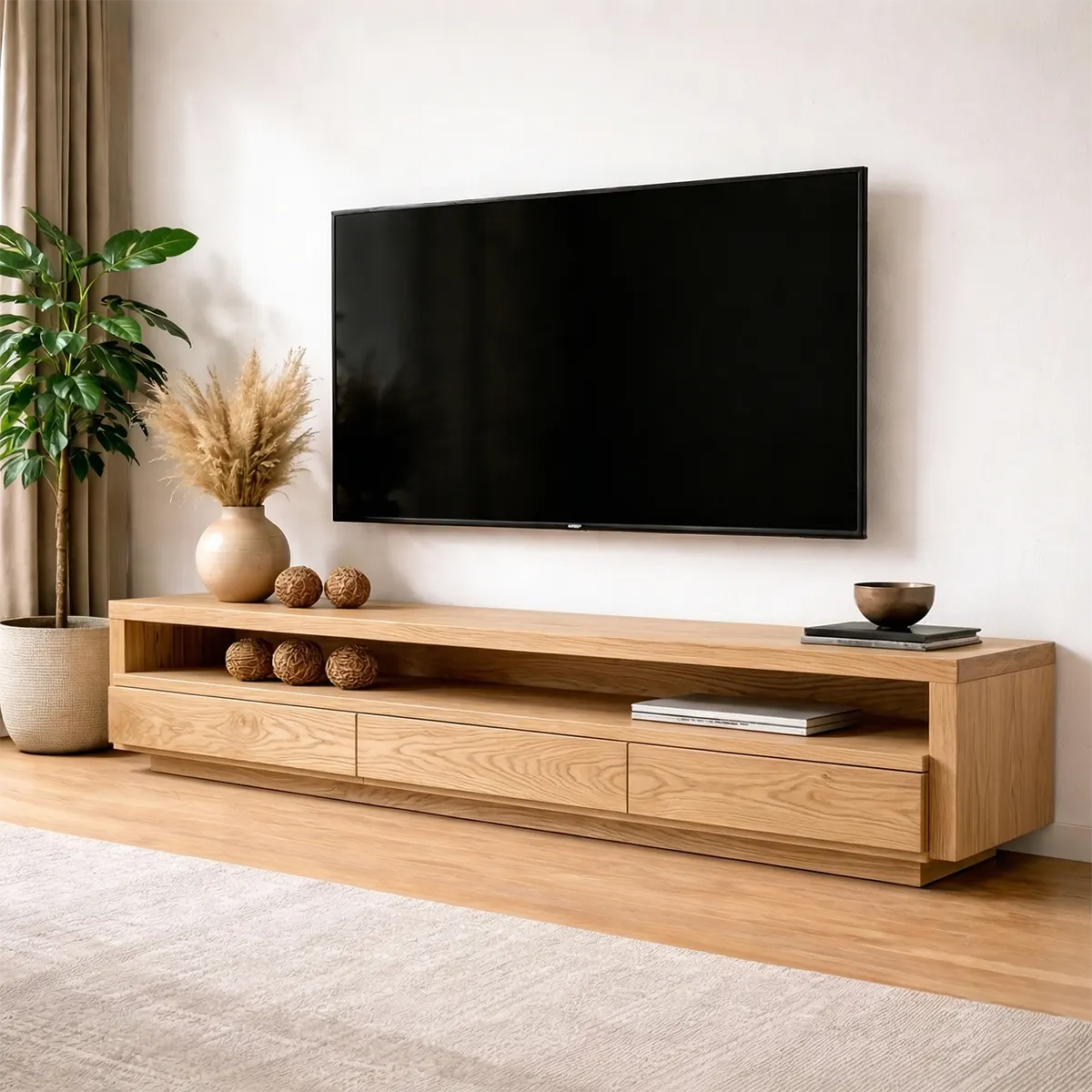 Handcrafted Solid Wood TV Stand with Full-Length Open Shelf and Hidden Drawer Storage - Rustirawood