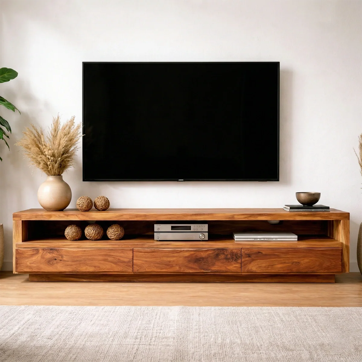 Handcrafted Solid Wood TV Stand with Full-Length Open Shelf and Hidden Drawer Storage - Rustirawood