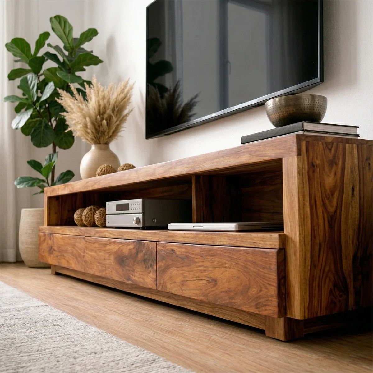 Handcrafted Solid Wood TV Stand with Full-Length Open Shelf and Hidden Drawer Storage - Rustirawood