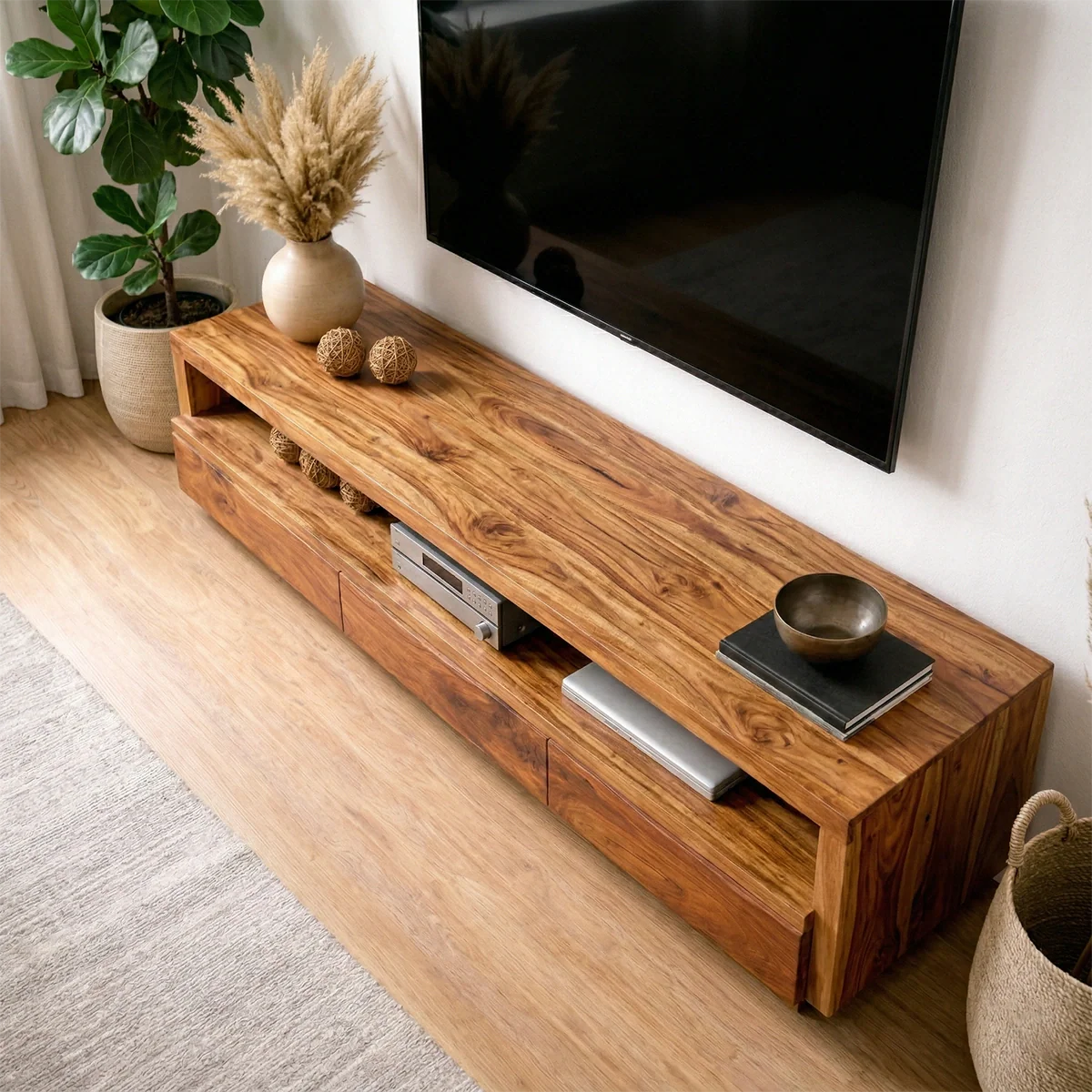 Handcrafted Solid Wood TV Stand with Full-Length Open Shelf and Hidden Drawer Storage - Rustirawood