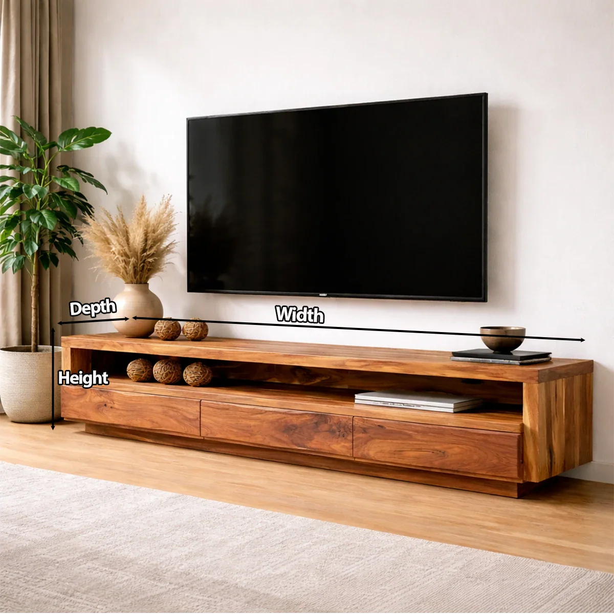 Handcrafted Solid Wood TV Stand with Full-Length Open Shelf and Hidden Drawer Storage - Rustirawood