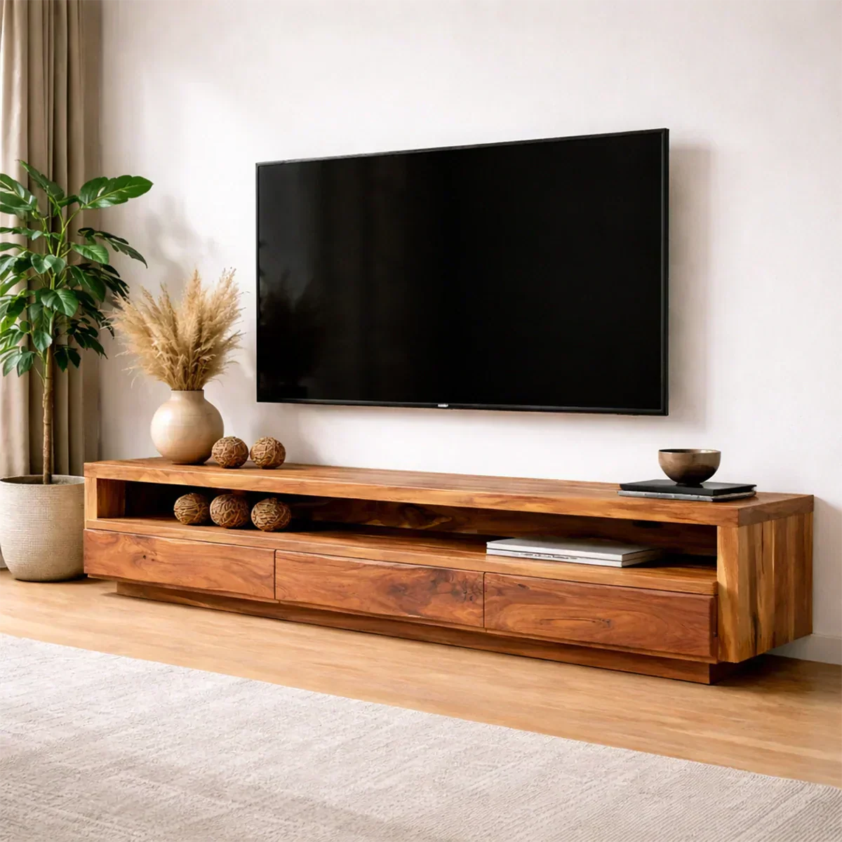 Handcrafted Solid Wood TV Stand with Full-Length Open Shelf and Hidden Drawer Storage - Woodenecho
