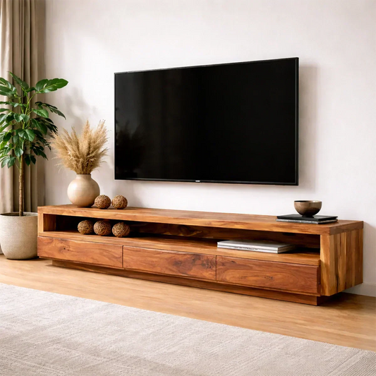 Handcrafted Solid Wood TV Stand with Full-Length Open Shelf and Hidden Drawer Storage - Woodenecho
