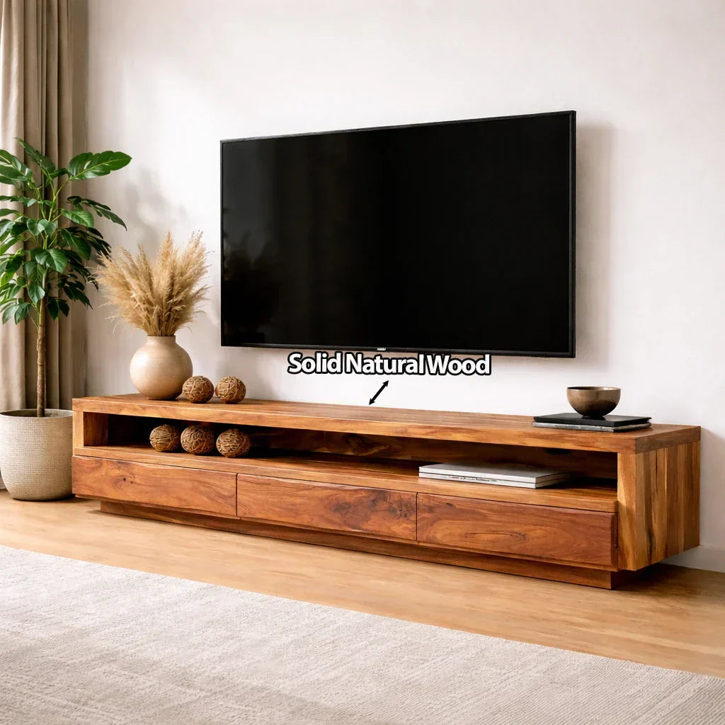 Handcrafted Solid Wood TV Stand with Full-Length Open Shelf and Hidden Drawer Storage - Woodenecho