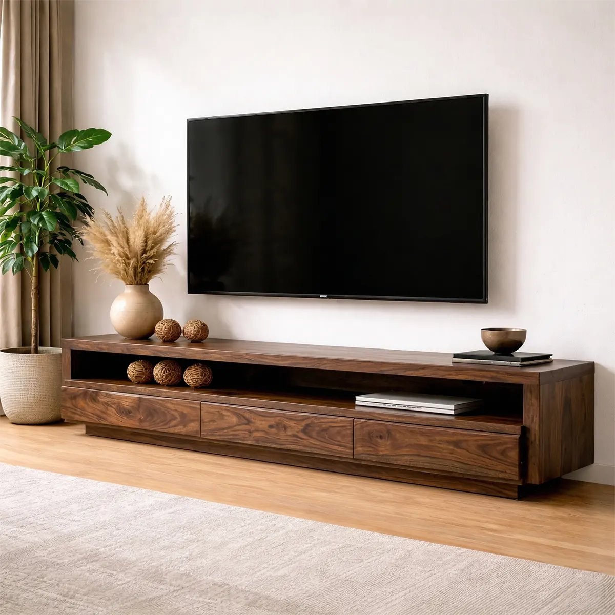 Handcrafted Solid Wood TV Stand with Full-Length Open Shelf and Hidden Drawer Storage - Woodenecho