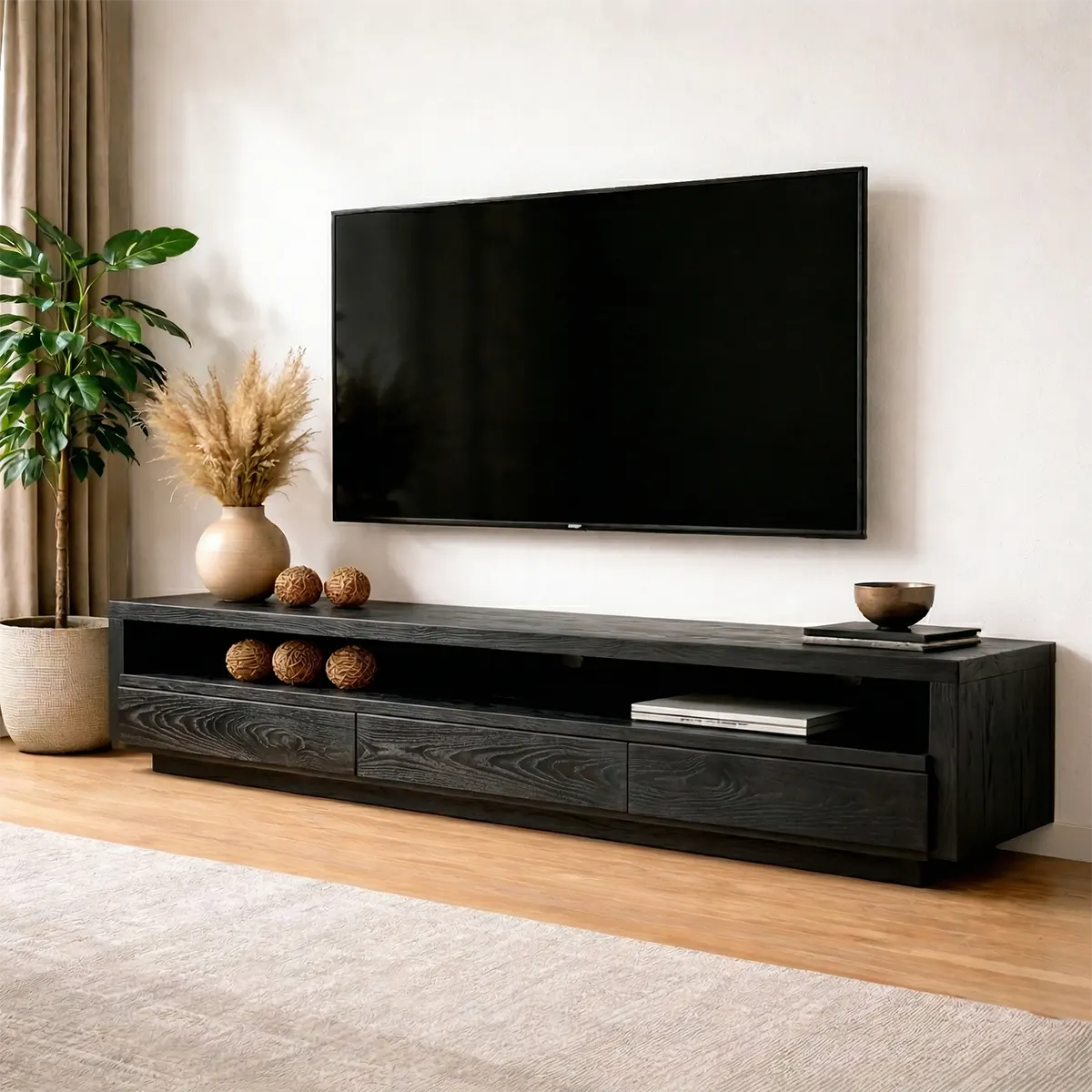 Handcrafted Solid Wood TV Stand with Full-Length Open Shelf and Hidden Drawer Storage - Woodenecho