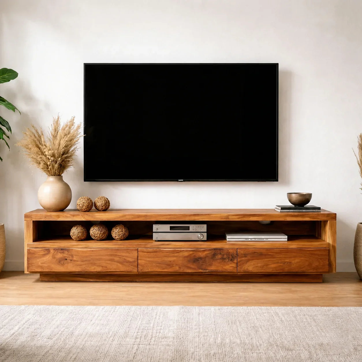 Handcrafted Solid Wood TV Stand with Full-Length Open Shelf and Hidden Drawer Storage - Woodenecho