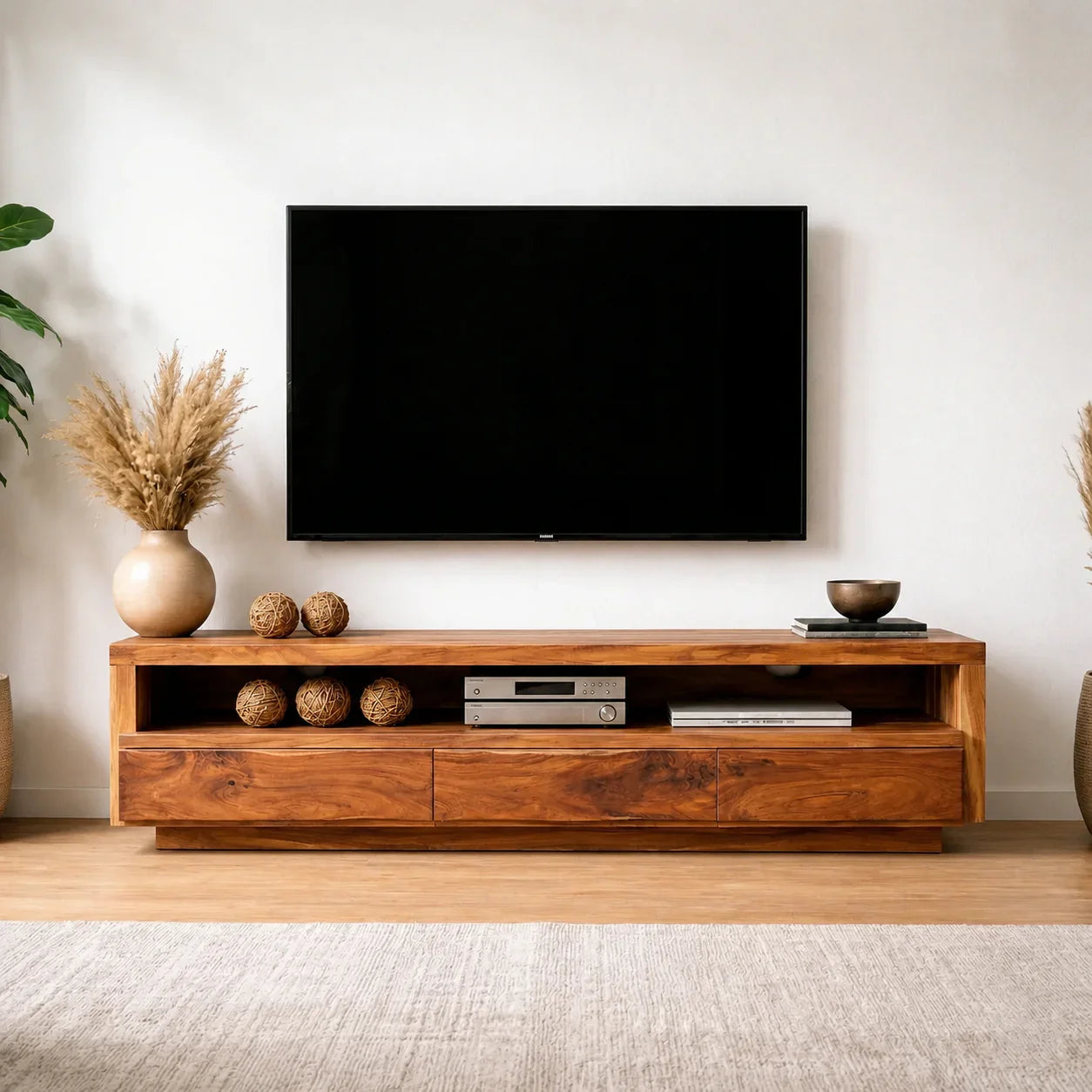 Handcrafted Solid Wood TV Stand with Full-Length Open Shelf and Hidden Drawer Storage - Woodenecho
