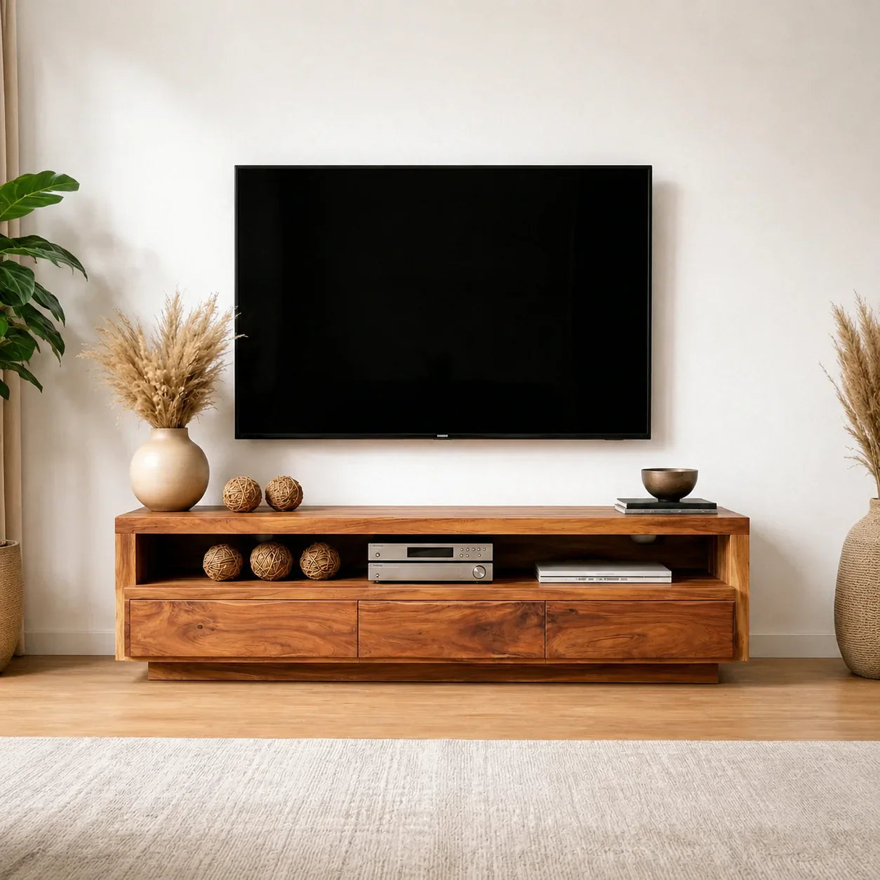 Handcrafted Solid Wood TV Stand with Full-Length Open Shelf and Hidden Drawer Storage - Woodenecho