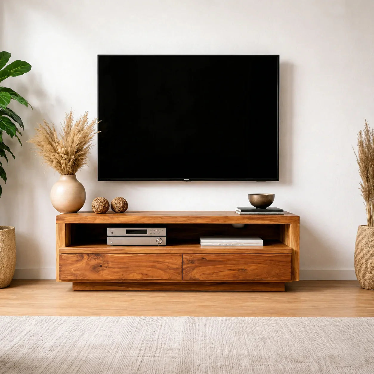 Handcrafted Solid Wood TV Stand with Full-Length Open Shelf and Hidden Drawer Storage - Woodenecho
