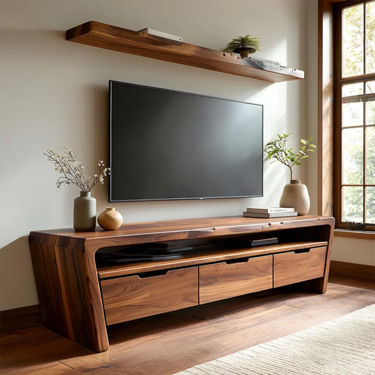Handcrafted Solid Wood TV Stand with Rounded Frame and Hidden Drawer Storage - Rustirawood
