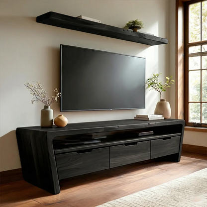 Handcrafted Solid Wood TV Stand with Rounded Frame and Hidden Drawer Storage - Rustirawood