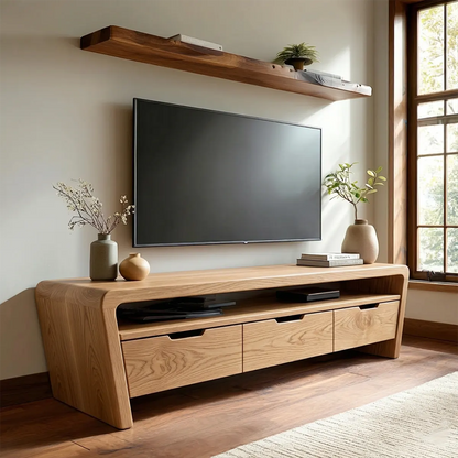 Handcrafted Solid Wood TV Stand with Rounded Frame and Hidden Drawer Storage - Rustirawood