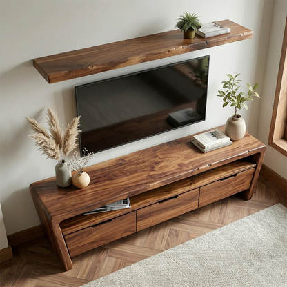 Handcrafted Solid Wood TV Stand with Rounded Frame and Hidden Drawer Storage - Rustirawood