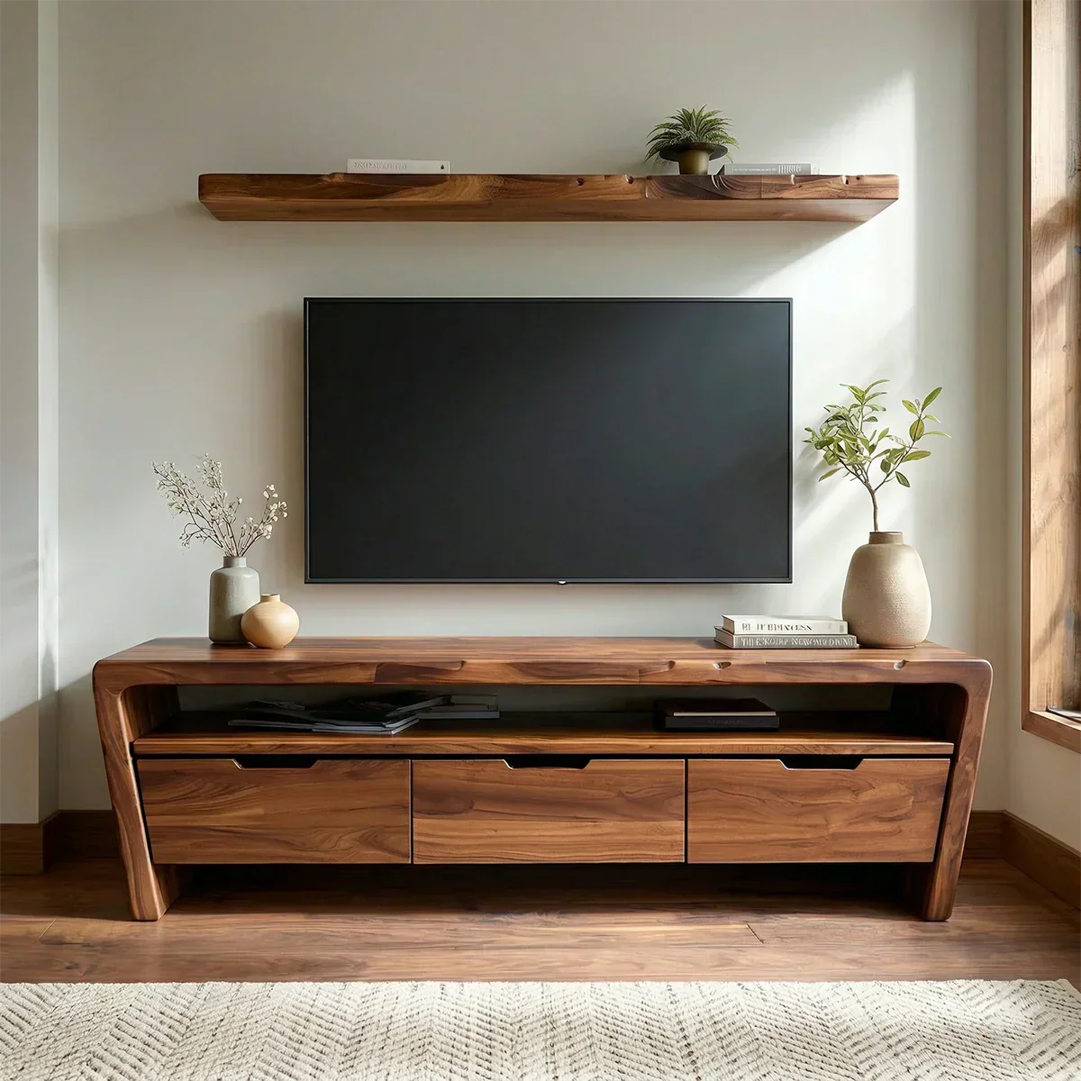 Handcrafted Solid Wood TV Stand with Rounded Frame and Hidden Drawer Storage - Woodenecho