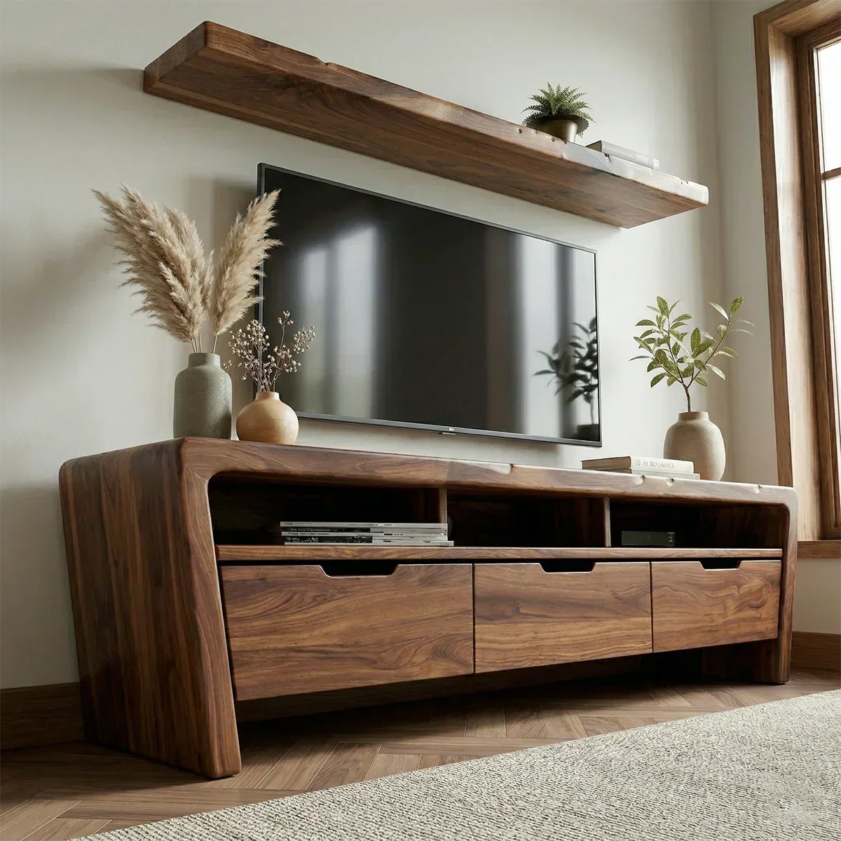 Handcrafted Solid Wood TV Stand with Rounded Frame and Hidden Drawer Storage - Woodenecho