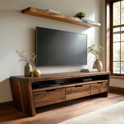 Handcrafted Solid Wood TV Stand with Rounded Frame and Hidden Drawer Storage - Woodenecho
