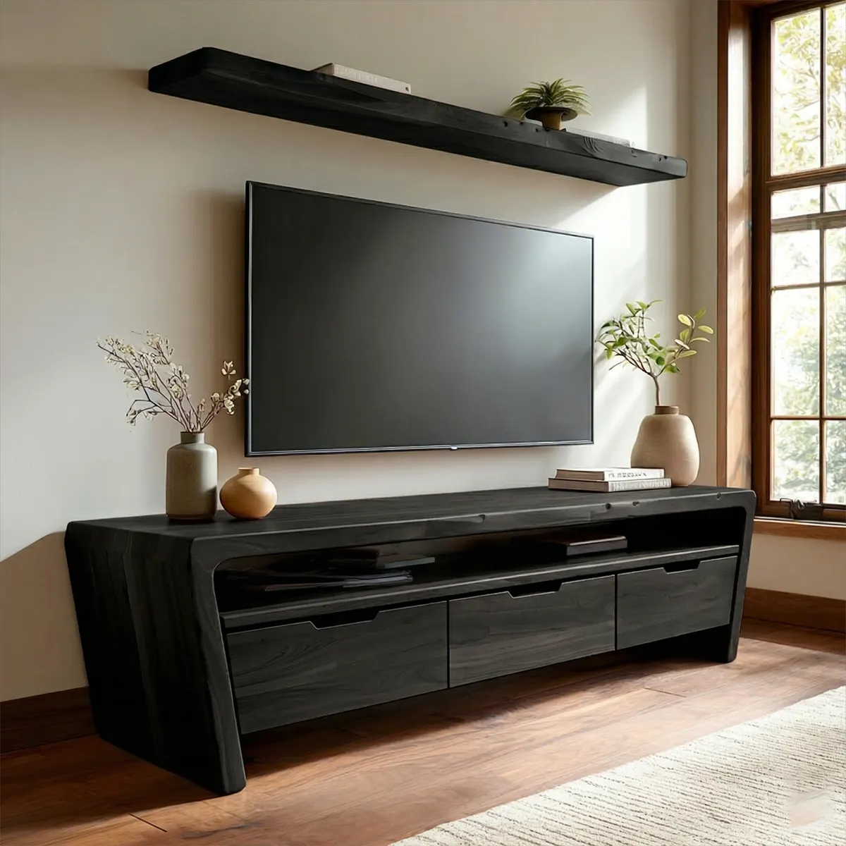 Handcrafted Solid Wood TV Stand with Rounded Frame and Hidden Drawer Storage - Woodenecho