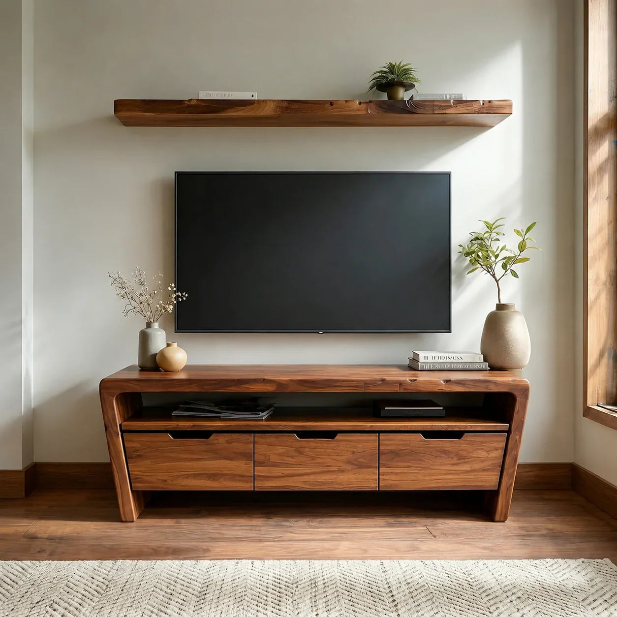 Handcrafted Solid Wood TV Stand with Rounded Frame and Hidden Drawer Storage - Woodenecho