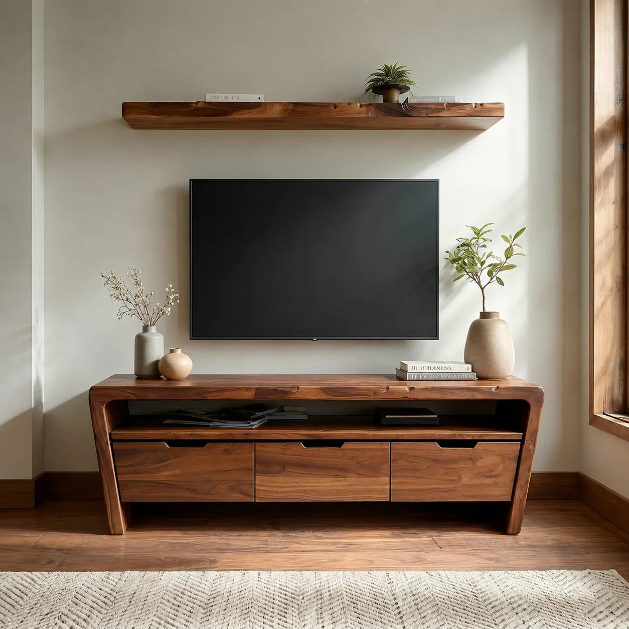 Handcrafted Solid Wood TV Stand with Rounded Frame and Hidden Drawer Storage - Woodenecho