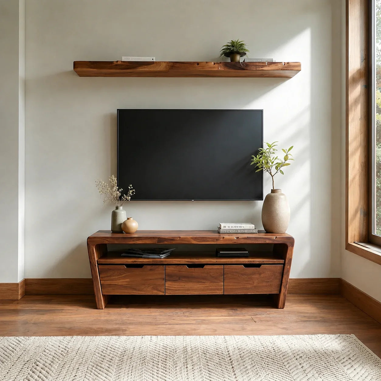 Handcrafted Solid Wood TV Stand with Rounded Frame and Hidden Drawer Storage - Woodenecho