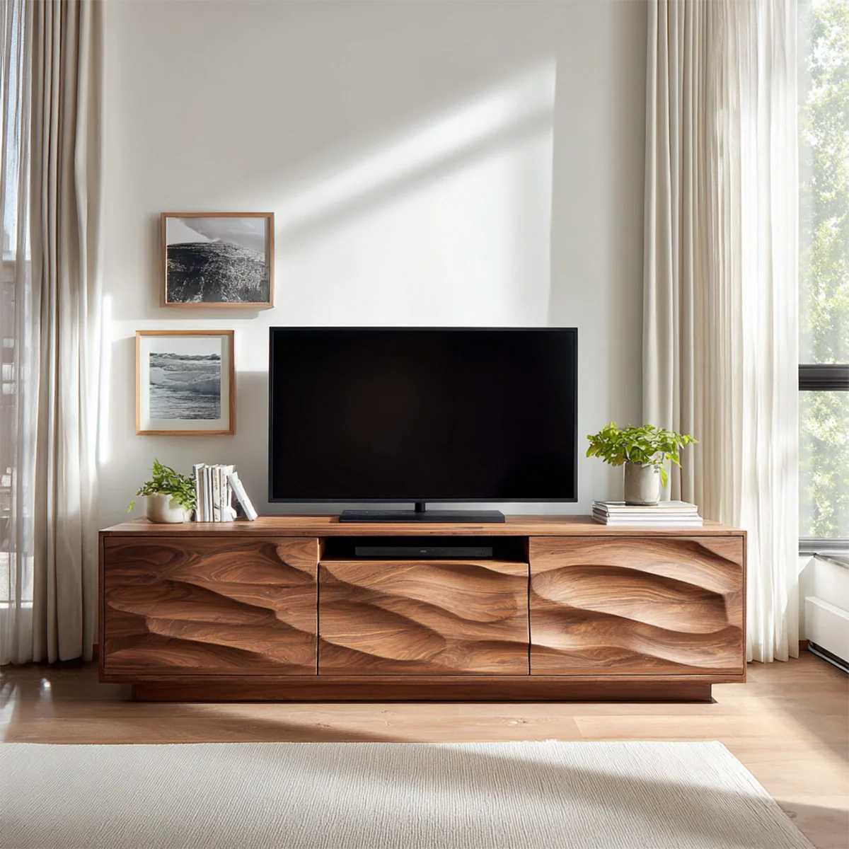 Handcrafted Solid Wood TV Stand with Sculpted Wave Cabinets and Center Media Storage - Rustirawood