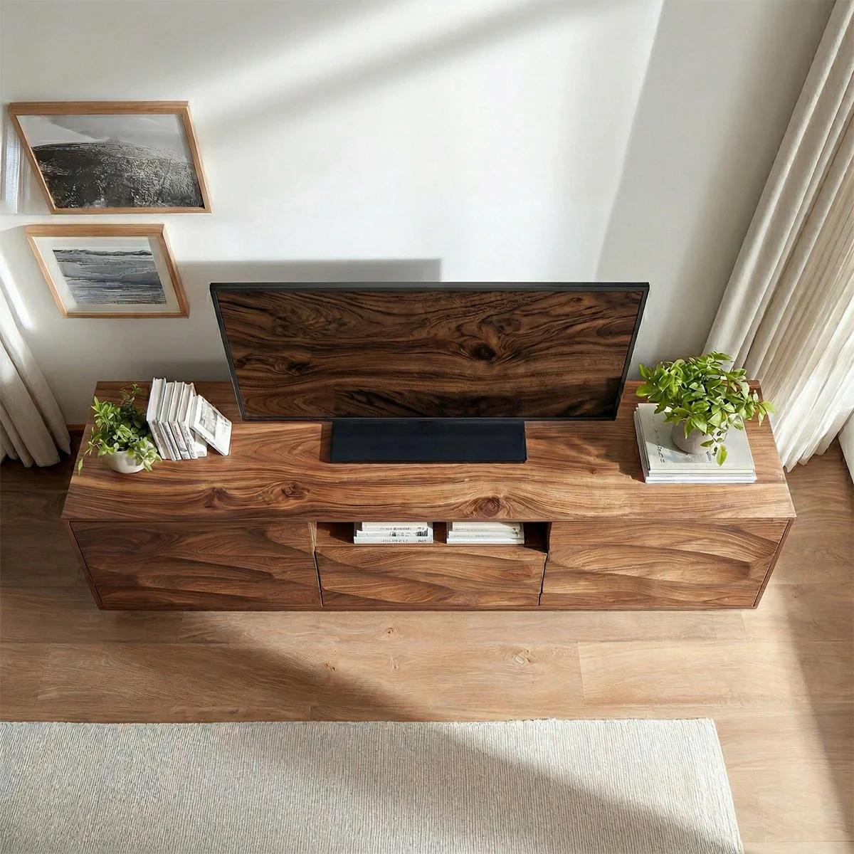 Handcrafted Solid Wood TV Stand with Sculpted Wave Cabinets and Center Media Storage - Rustirawood