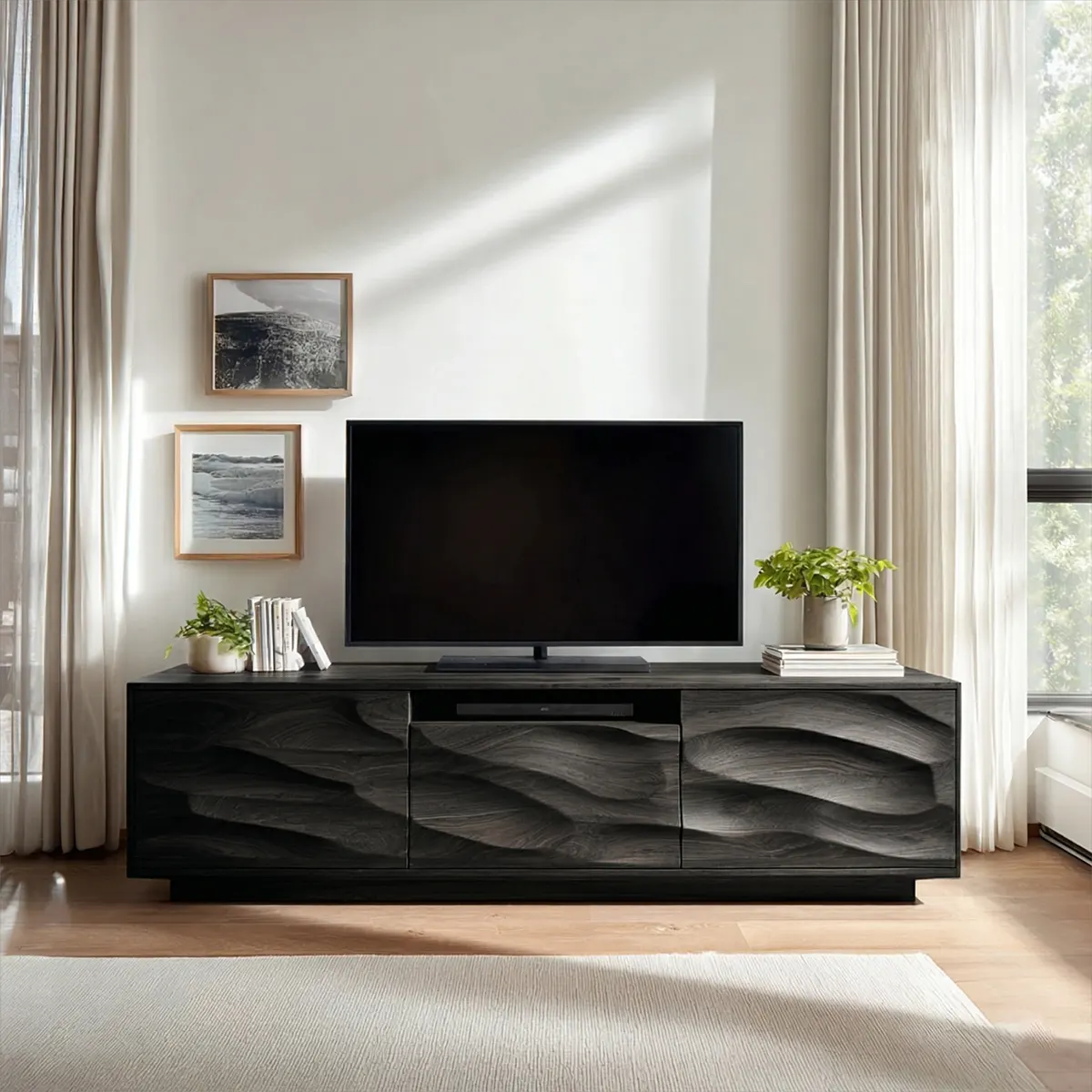 Handcrafted Solid Wood TV Stand with Sculpted Wave Cabinets and Center Media Storage - Rustirawood