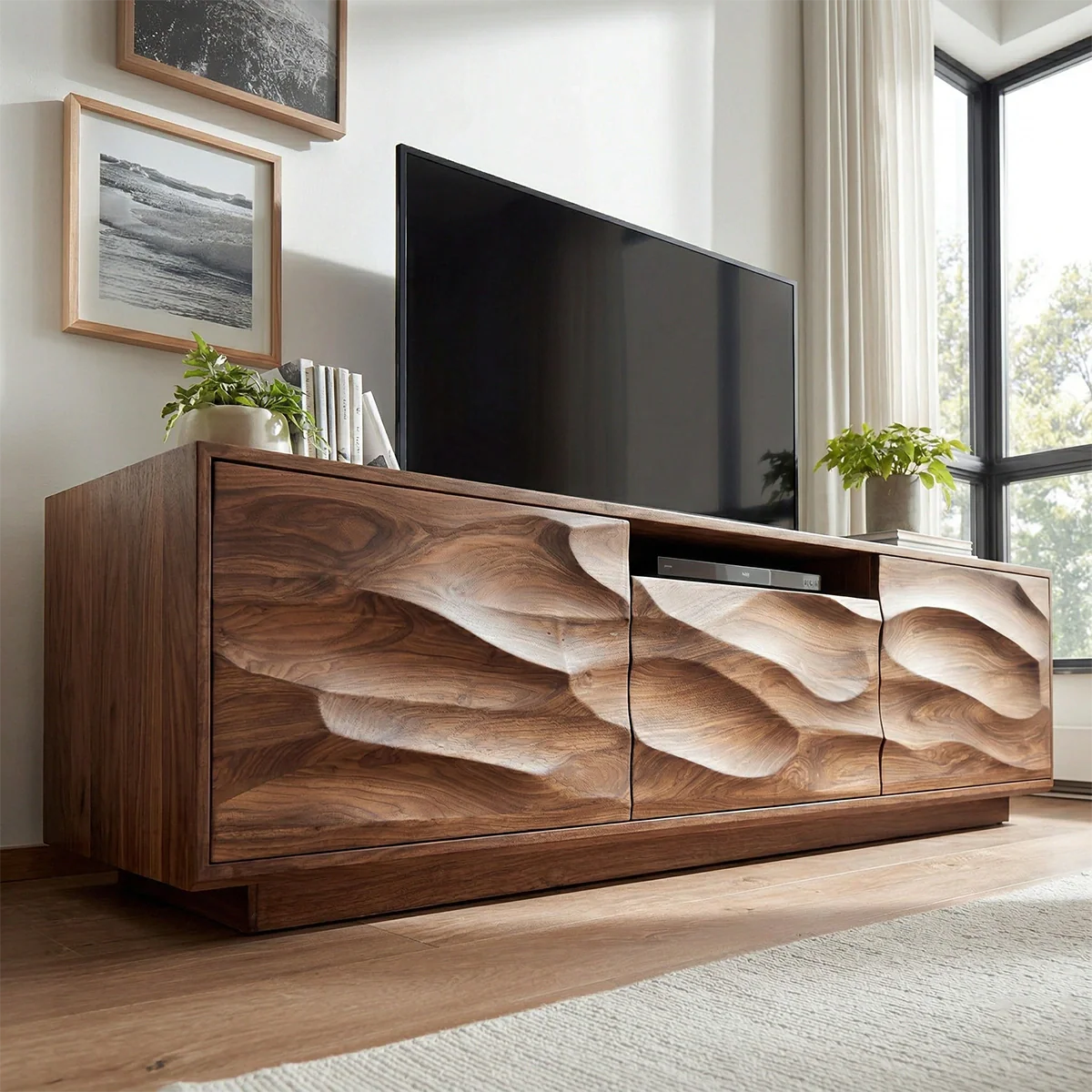 Handcrafted Solid Wood TV Stand with Sculpted Wave Cabinets and Center Media Storage - Rustirawood