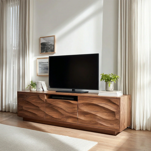 Handcrafted Solid Wood TV Stand with Sculpted Wave Cabinets and Center Media Storage - Rustirawood